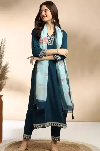 Stylish designer rayon biscuit slub fabric embroidery work kurta set with chanderi jaquard dupatta
