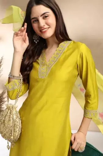Stylish designer rayon biscuit slub fabric embroidery work kurta set with chanderi jaquard dupatta