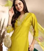 Stylish designer rayon biscuit slub fabric embroidery work kurta set with chanderi jaquard dupatta