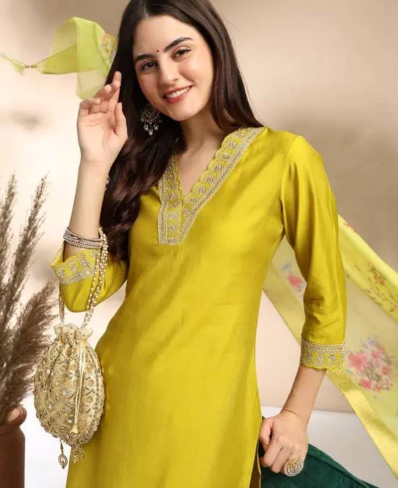 Stylish designer rayon biscuit slub fabric embroidery work kurta set with chanderi jaquard dupatta