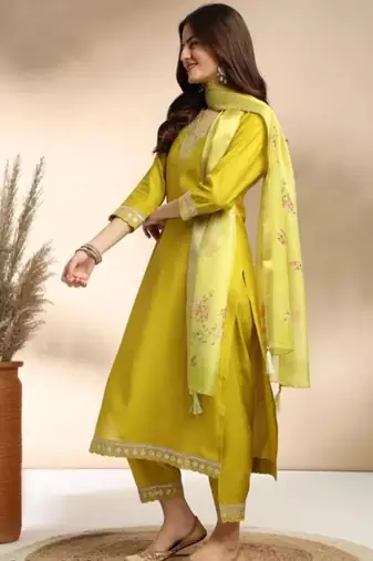 Stylish designer rayon biscuit slub fabric embroidery work kurta set with chanderi jaquard dupatta