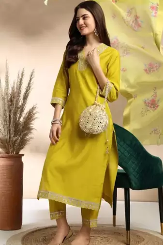 Stylish designer rayon biscuit slub fabric embroidery work kurta set with chanderi jaquard dupatta