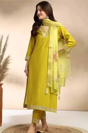 Stylish designer rayon biscuit slub fabric embroidery work kurta set with chanderi jaquard dupatta
