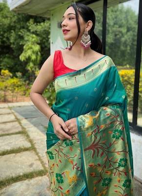 Rama Green Rich Paithani silk blend Saree 1