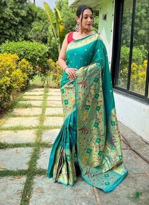 Rama Green Rich Paithani silk blend Saree 2