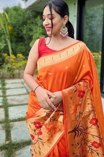 Orange Rich Paithani silk blend Saree