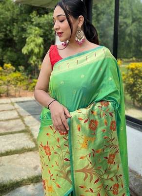 Parrot Green Rich Paithani silk blend Saree 1