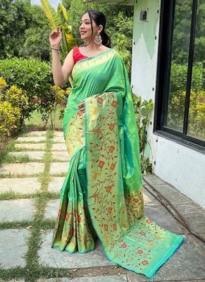 Parrot Green Rich Paithani silk blend Saree 2