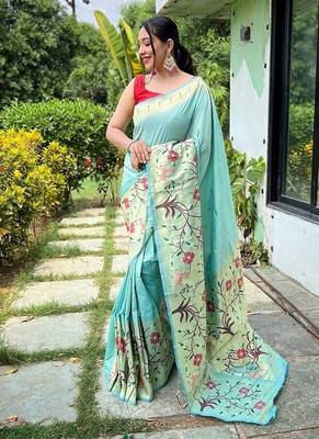 Turquoise Green Rich Paithani silk blend Saree 1