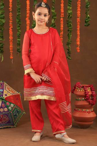Red Cotton & Georgette Rangrez Suit Set with Gotta Work for Kids - Festive Wear