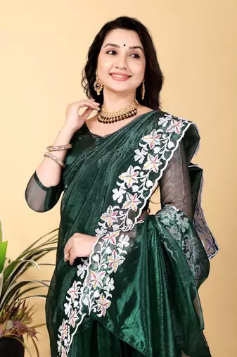 Dark Green Color Twill Net Cut Work Border Saree