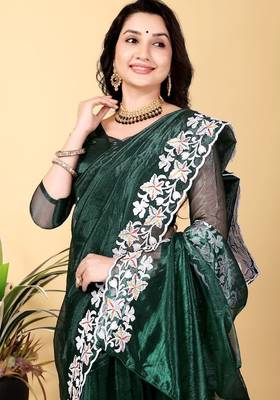 Dark Green Color Twill Net Cut Work Border Saree 1