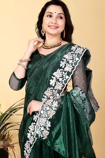 Dark Green Color Twill Net Cut Work Border Saree