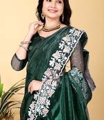 Dark Green Color Twill Net Cut Work Border Saree