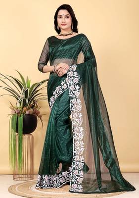 Dark Green Color Twill Net Cut Work Border Saree 2