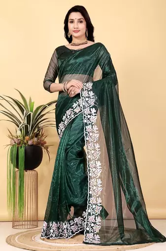 Dark Green Color Twill Net Cut Work Border Saree