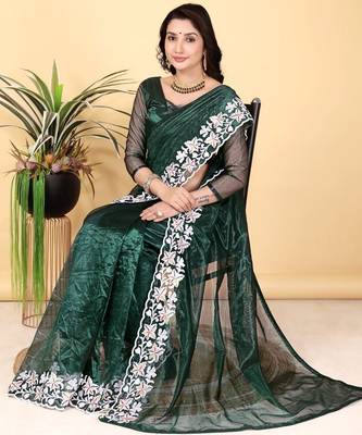 Dark Green Color Twill Net Cut Work Border Saree 3