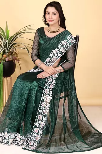 Dark Green Color Twill Net Cut Work Border Saree