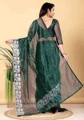 Dark Green Color Twill Net Cut Work Border Saree 4
