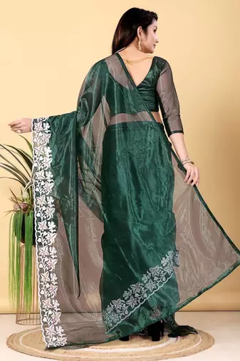 Dark Green Color Twill Net Cut Work Border Saree