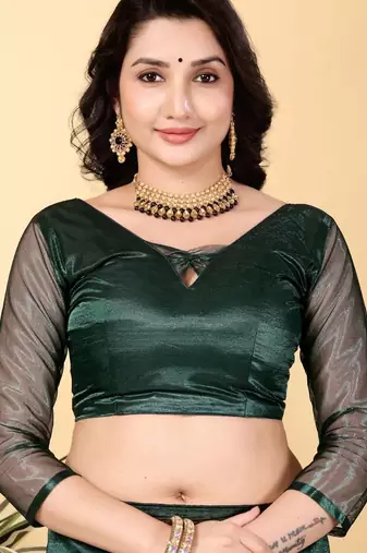 Dark Green Color Twill Net Cut Work Border Saree