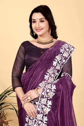 Plum Color Twill Net Cut Work Border Saree
