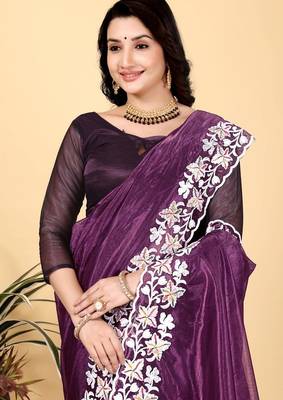 Plum Color Twill Net Cut Work Border Saree 1