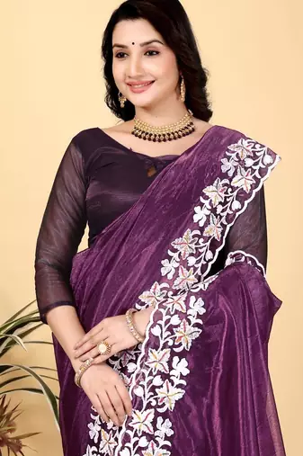Plum Color Twill Net Cut Work Border Saree