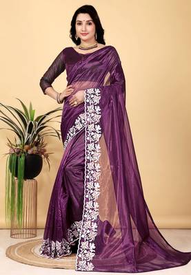 Plum Color Twill Net Cut Work Border Saree 2