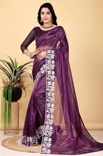 Plum Color Twill Net Cut Work Border Saree