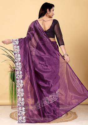 Plum Color Twill Net Cut Work Border Saree 3