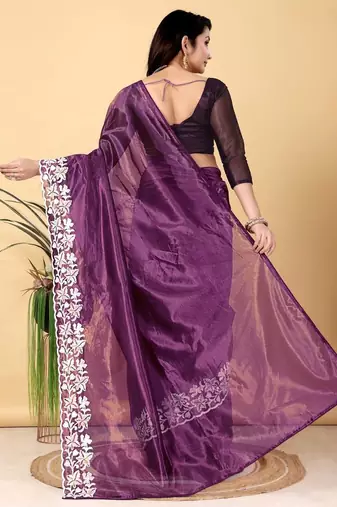Plum Color Twill Net Cut Work Border Saree