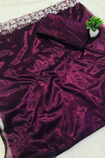 Plum Color Twill Net Cut Work Border Saree