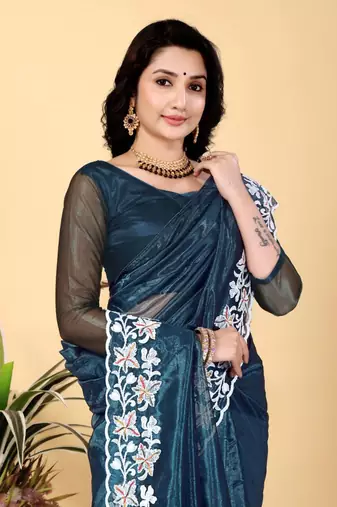Teal Color Twill Net Cut Work Border Saree