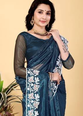 Teal Color Twill Net Cut Work Border Saree 1