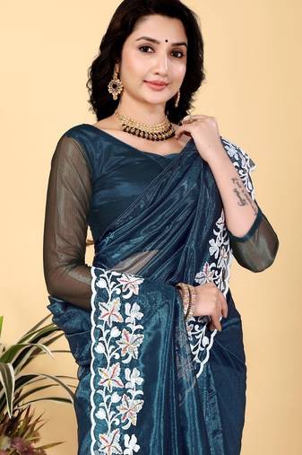 Teal Color Twill Net Cut Work Border Saree
