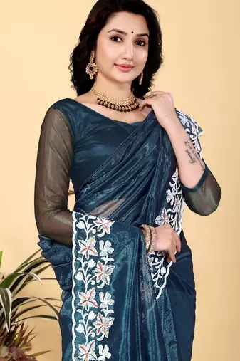 Teal Color Twill Net Cut Work Border Saree