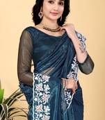 Teal Color Twill Net Cut Work Border Saree