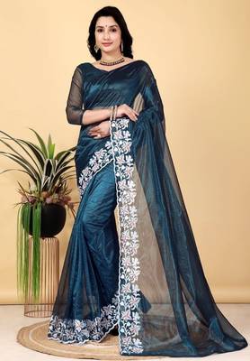 Teal Color Twill Net Cut Work Border Saree 2