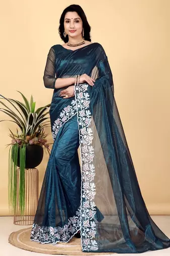 Teal Color Twill Net Cut Work Border Saree