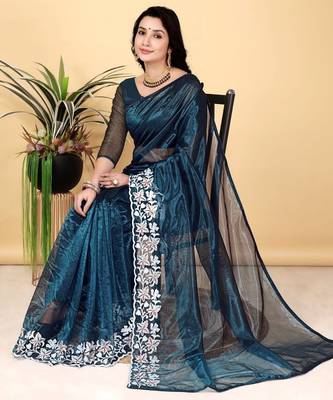 Teal Color Twill Net Cut Work Border Saree 3
