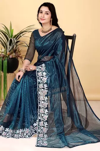 Teal Color Twill Net Cut Work Border Saree