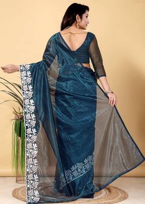 Teal Color Twill Net Cut Work Border Saree 4