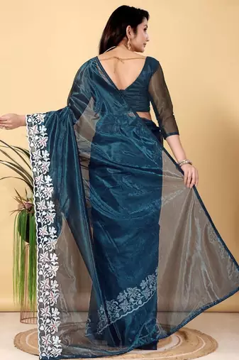 Teal Color Twill Net Cut Work Border Saree