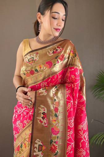 Rani Pink Paithani silk blend Saree