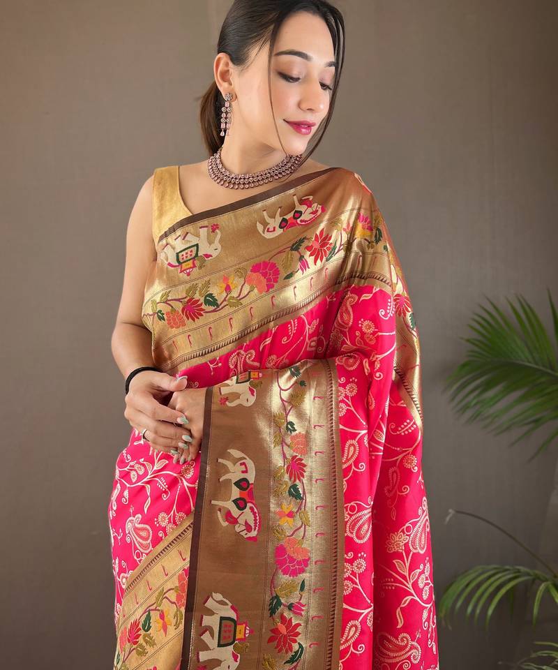 Rani Pink Paithani silk blend Saree