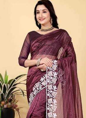 Wine Color Twill Net Cut Work Border Saree 1