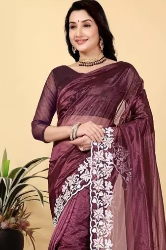 Wine Color Twill Net Cut Work Border Saree