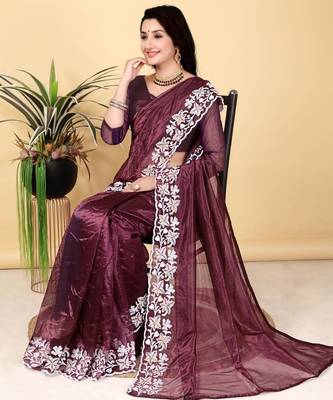 Wine Color Twill Net Cut Work Border Saree 2