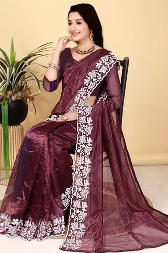 Wine Color Twill Net Cut Work Border Saree